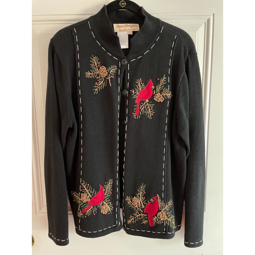 Holiday Christmas Cardinal Bird Cardigan Sweater Sz L Button Close